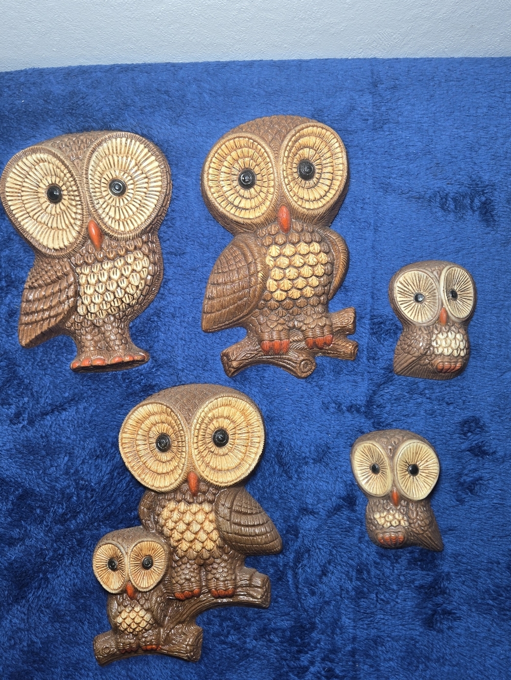 Vintage 70's Owl Wall Plaques Molded Foam Art Decor Big Eyes Brown Lot of 5